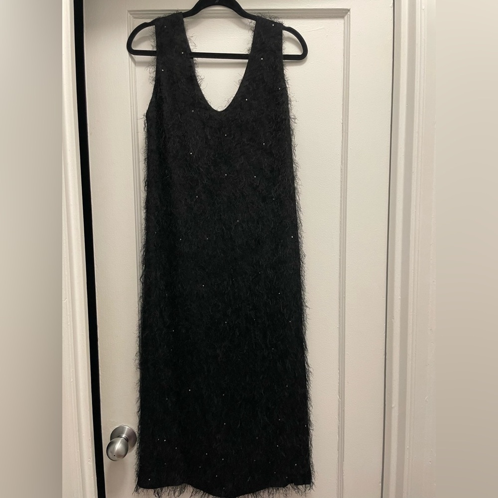 Walk of Shame 100% Silk Feather Trimmed Dress. With rhinestones and a low back